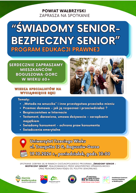 Zapraszamy na spotkanie: ''Świadomy senior -bezpieczny senior'' w Boguszowie-Gorcach.